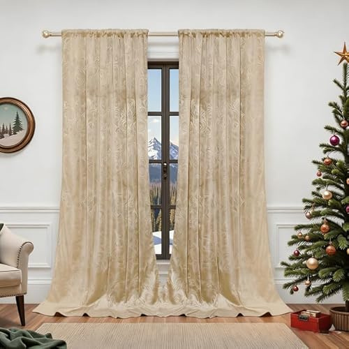 Rosnek Gardinen Blickdicht Kräuselband 2er Set,H244xB132CM Thermogardine Luxus Samt Vorhang Blickdicht mit Muster,Übergardinen Vorhänge Verdunkelung Barock Deko für Wohnzimmer,Beige