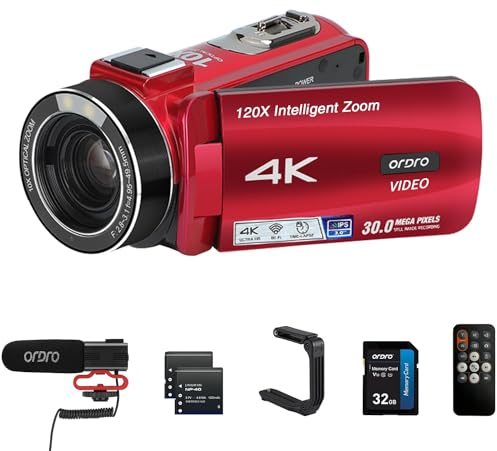 ORDRO 4K Videokamera 10X Optischer Zoom 120X Digital Zoom, WiFi UHD Camcorder/w Autofokus Vlogging Kamera 3.0 IPS Touchscreen Digitalkamera mit Mikrofon, Fernbedienung, 32G SD Karte
