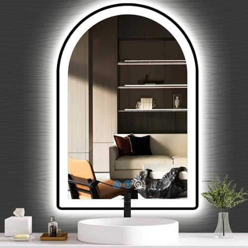 DIDIDADA 16 x 24 Inch Black Arched Lighted Mirror Black Frame LED Arch Mirror for Bathroom Wall Makeup Tabletop Framed Arch Vanity Mirror with Lights Smart Memory 3 Color Adjustable Frontlight AntiFog