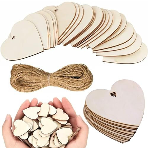 JVHLOV 50 Stück Herzförmig Holzplatten, Holzherzen mit Loch, Holzherzen zum Beschriften, für DIY-Kunst, Weihnachtsschmuck & Handwerksprojekte