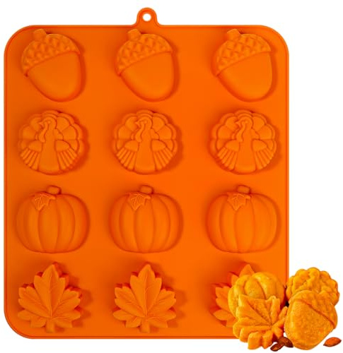Kamehame Stampo in silicone a tema autunnale per Halloween, Ringraziamento, autunno, foglia d'acero, ghianda, zucca, tacchino, tortiera per cupcake, resina, candele, sapone