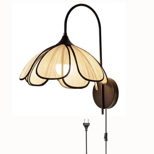 EOEO Rustikal Wandleuchte Innen mit Schalter und Stecker, E27 Schwarz Wandlampe aus Metall Nachttischlampe Leselampe mit Kabel Stoff Schirm Wand Retro Industrial Lampen für Wohnzimmer Schlafzimmer