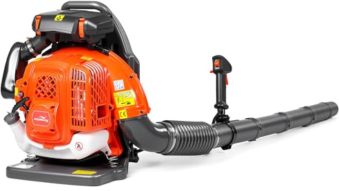 JellyMoving Upgraded 65CC 2-Stroke 850CFM 230MPH Backpack Leaf Blower Gas Powered, 2-Stage Air Filter, Cruise Control, Ergonomic Harness, 4.3HP Powerful Gas Leaf Blower for Lawn Care Snow Blowing