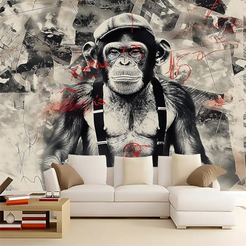 Scimmia Retrò Carta da parati fotografica non tessuta murale 200 x 140 cm, Nero Bianco Soggiorno Cucina Camera da letto Parete murale Facile da pulire Facile da installare