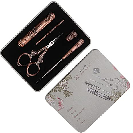 Embroidery Scissors, DIY Sewing Embroidery Scissors Awl Tool Set Craft Scissors Crochet Scissors with Vintage Scissors,Sewing Needle Case,Thimble,Threader for Embroidery,Needlework