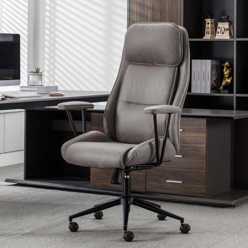 UEV Bürostuhl Ergonomisch Schreibtischstuhl Chefsessel mit Kopfstütze abnehmbare Armlehne drehbar Wippfunktion Höhenverstellbar Verdickte Rückenlehne und Sitzkissen Bis 150 kg Montagefreundliche grau