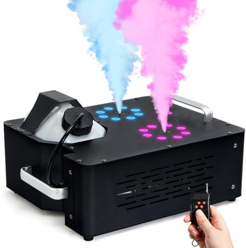 PLABNK Máquina De Humo para Fiestas De 2000 W, 8+8 Luces LED Controlables por Colores, Ángulo Ajustable, Temperatura Constante, con Control Remoto/Boquilla, para Bodas, Fiestas,Black