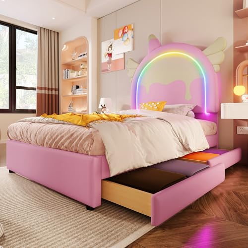 Dolamaní Polsterbett 90 x 200 cm Mädchen Bett mit 2 Schubladen, Einhorn-Form PU, ohne Matratze(Rosa B)