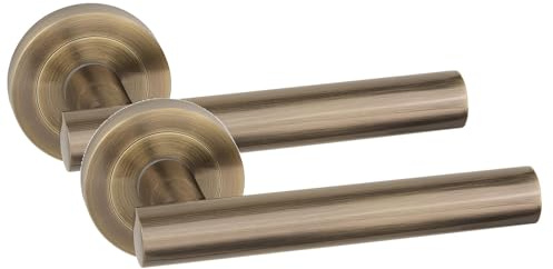 Golden Grace Straight T-Bar Design Door Handles, Antique Brass, 1 Pair | Sleek rose base provides a smooth, comfortable grip to update interior doors with heavy-duty metal durability.
