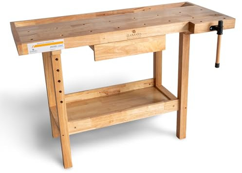 BAMATO Hobelbank WORK-1260 Werkbank Werkstatt für Hobby, Handwerker | Einfacher Aufbau | Inkl. je 4 Bankhaken aus Metall und Holz | Spannzange | Werkzeugablage