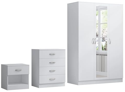 Nera White 3 Piece Bedroom Furniture Set 3 Door Mirrored Wardrobe 4 Drawer Chest & Bedside Table