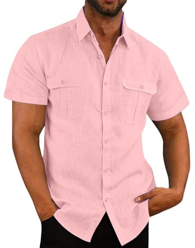Chemises en Lin pour Hommes Manches Courtes col Montant Chemises Boutonnées Chemise de Affaires Coupe Ample Chemisier de Plage Classique Bloc de Couleurs Haut Blouse Regular Fit Haut Tops Pas Cher