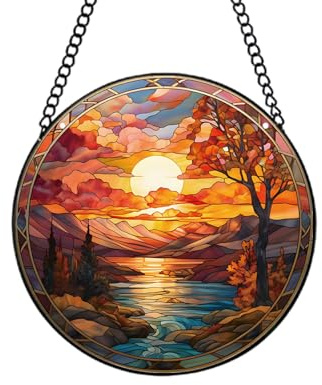WOHAHA Hand-Painted Stained Glass Sun Catcher with Ocean Sunset Designs - 7.8'' Sea Turtles Suncatcher Glass Window Hanging for Indoor/Outdoor Wall Art Decor, Gifts for Women (Red River Sunset)