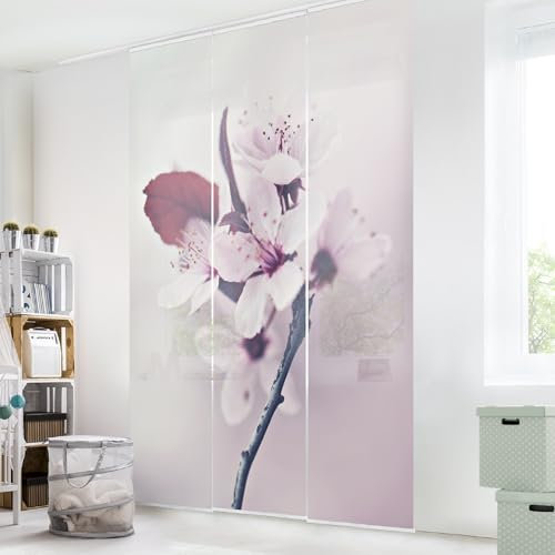 micasia Schiebegardine halbtransparent 60er Paneel Klett Blumen Textil lichtdurchlässig - Kirschblüte Modern Flächenvorhang rosa Wohnzimmer Schlafzimmer 2375 (180x250 cm - 3er Set)