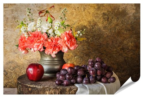 islandburner Prime XXL Poster Bouquet de fleurs avec pommes et raisins sur table en bois Impression photo de qualité supérieure