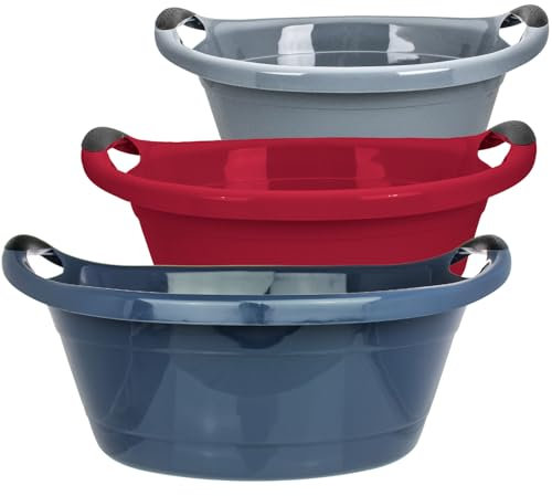 Set di 3 vaschette per la biancheria, 15 litri, colore grigio, blu, rosso, made in EU, con manici, 50 x 38 x 18 cm