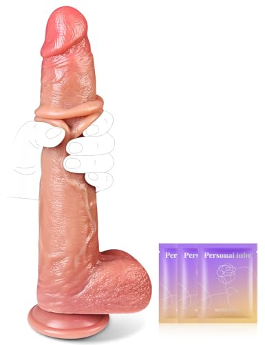 Sex Toys 9.8 Inch Movable Foreskin Dildos for Adults, Flesh Silicone Dildo for Clitoral Vagina/Anal Stimulation Dildo with Suction Cups, Playable Foreskin Penis Sex Toys for Women Men