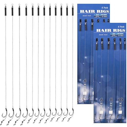 12Pcs Carp Rigs, Hair Rigs for Carp Fishing Barbless, Curve Shank Carps Carbon Steel Fishing Hooks Barbless, Carps Rigs in Size 6# 8# 10# for Freshwater Saltwater Angling