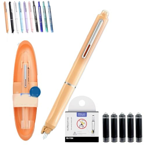 Qosneoun Retractable Fountain Pen, Refillable Fountain Pen, 0.38mm Blue&Black Ink Transparent Barrel Includes 5 Refillable Ink Cartridges for Smooth Writing No Leaking (Orange, Erasable ink blue)