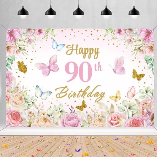 90 cumpleaños decoración mujer feliz 90 cumpleaños banner flores cartel tela cartel decoración puerta mujeres 90 cumpleaños fondo pancarta fiesta de cumpleaños cartel de bienvenida