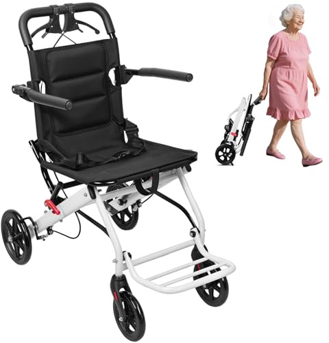 Sedia a Rotelle Pieghevole Leggera(8kg), Sedia a Rotelle Trasporto Stretta, Sedano Portatili Da Viaggio in Acciaio Al Carbonio Con Seduta Larga 40cm E Freno a Mano, Portata Massima 90kg