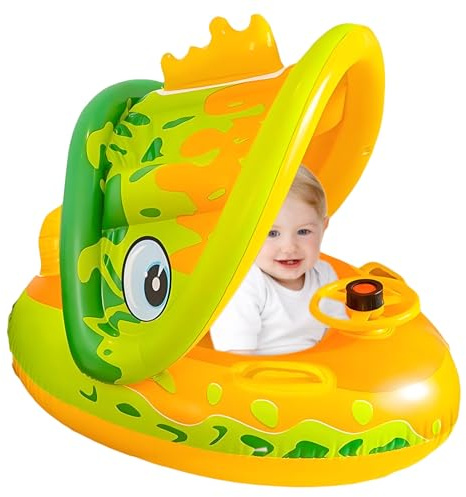 Wimnqie Flotador Infantil para Piscina | Flotador Piscina Niños con Sombrilla,Bote Inflable con Bocina Y Volante para Juegos Acuáticos