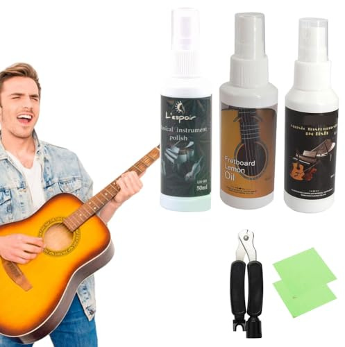 Gitarren Reinigungsset,Gitarrenreinigung,Gitarrenpflege Set,Guitar Cleaning Set,mit Gitarrenpolitur,Griffbrett-Zitronenöl,Saitenreiniger-Öl,Reinigungstuch für Reinigung Pflege der Gitarre