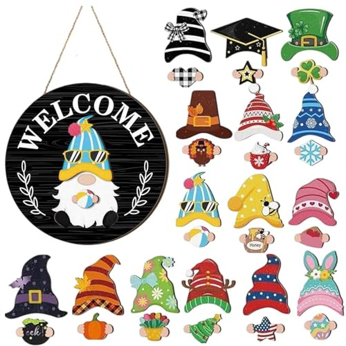 Wichtel Austauschbares Willkommensschild Haustür, 30 Stück saisonales Holzschild mit Magnetstücken und abnehmbaren Hüten, DIY Halloween Deko Weihnachtsdeko für Haustür, Veranda (A)