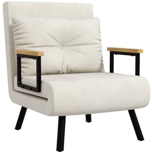 HOMCOM Schlafsessel 4 in 1 mit Schlaffunktion 183 x 63 cm Cremeweiß | Klappbar, 5-stufig Verstellbare Rückenlehne, Lendenkissen, Samtoptik, für Wohnzimmer