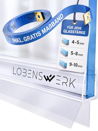 LOBENSWERK Duschtürdichtung mit stabiler Gummilippe [4-5mm | 5-8mm | 9-10mm] Duschdichtung 100% wasserabweisend | Dichtung Dusche Glastür, anti UV-, Schimmel & Vergilbung inkl. Maßband