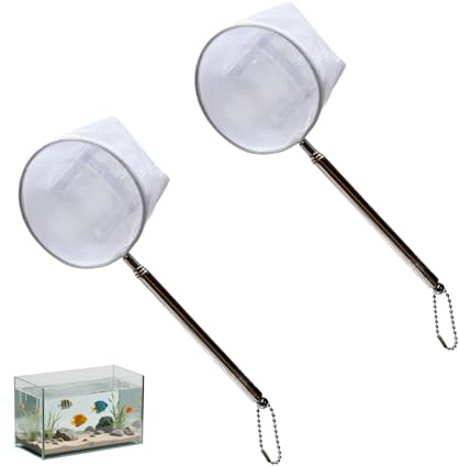 2 Stück Kescher Aquarium,Klein Aquarium Garnelennetz,Fischnetz mit Ausziehbarem,Edelstahlgriff Vogelkescher,Mini Feinmaschig Fischnetz,Garnelen Fangnetz Fischernetz,Aquarienkescher für Fischbecken