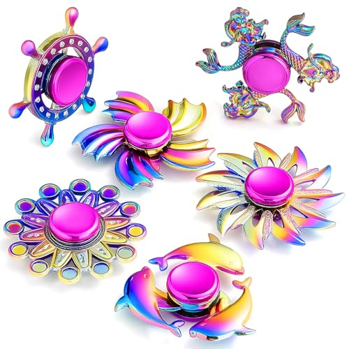 SCIONE 6 Pièces Fidget Spinner Métal, Toupie à Main Multicolore, Cadeau pour Invités Anniversaire, Jouet Sensoriel pour Stress et Anxiété, Spin 2-3 Min, Remplissage Sac de Fête