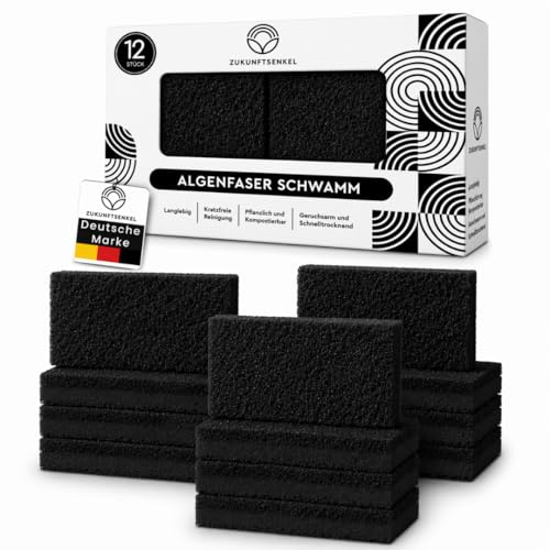 Schwarze Spülschwämme Nachhaltig 12er Pack Schwämme– Biologisch Abbaubare Küchenschwämme aus Algenfaser – Plastikfrei, Kratzfrei & Umweltfreundlich – Naturschwamm für Moderne Küchen (12, Schwarz)