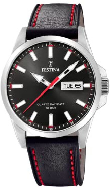 Festina Herren Uhr Analog mit Schwarzem Lederarmband - Quarzwerk - Kalender - Mineralglas mit hoher Widerstandsfähigkeit - Wasserdicht bis 10 ATM - Elegant F20358/4