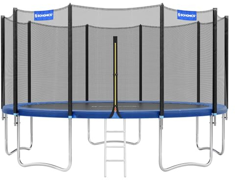 SONGMICS Gartentrampolin für Kinder mit Sicherheitsnetz, Kantenschutz, Leiter, gerader Stangen, 180 cm hoch, Stahlrahmen, Blau STR144