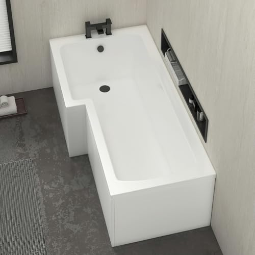 Qubix 1500 x 850mm Left Hand L-Shaped Shower Bath Bathtub with Front & End Panel + Glass Shower Screen Compact Bathroom Solution