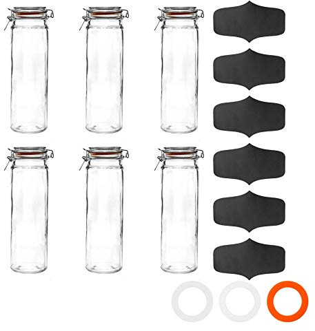 Argon Tableware Glass Jars with Airtight Metal Clip Lid and Labels - 2000ml/70.3oz - 6 Pack - 4 Colour Seals - Extra Large Storage Container Round Preserving Jar for Pasta, Spaghetti
