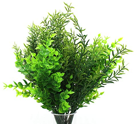 CVHOMEDECO. Plantas artificiales de boj de imitación 3 piezas y romero 3 piezas, follaje verde realista con 42 tallos para jardín, patio, boda, oficina y decoración interior al aire libre. 33 cm