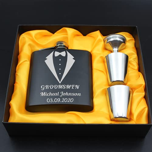 Flasque à whisky personnalisée en acier inoxydable gravée au laser de 177 ml avec entonnoir 2 tasses Gravure gratuite Groomsman Best Man Mariage Anniversaire Fête des Pères Coffret cadeau Noir