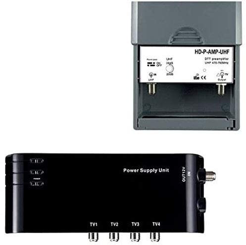 KIT PRÉAMPLIFICATEUR 4/1 TV AMPLIFICATEUR + Alimentation 4 Sorties TV pour ANTENNE TERRESTRE TNT