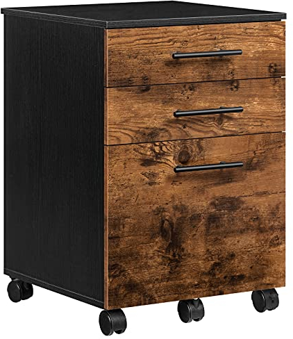 HOOBRO Rollcontainer, Rollen Aktenschrank mit 3 Schubladen, mobiler Büroschrank mit hängenden Aktenfächern, Büro, Dunkelbraun und Schwarz EBF02WJ01G1