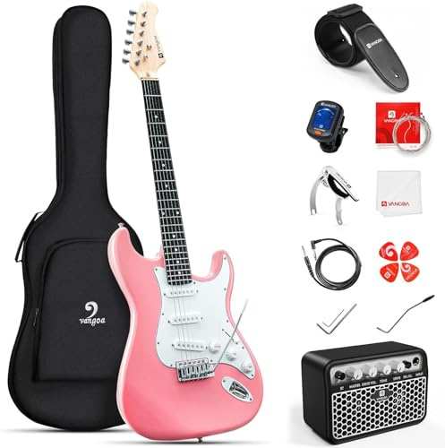 Vangoa 39 Inch Full Size Electric Guitar Beginner Kit Solid Body Pink SSS Pickups with Amp, Bag, Tremolo Bar, Strings, Tuner, Picks, Strap, Capo, Cable for Starter Girls Adults Teens