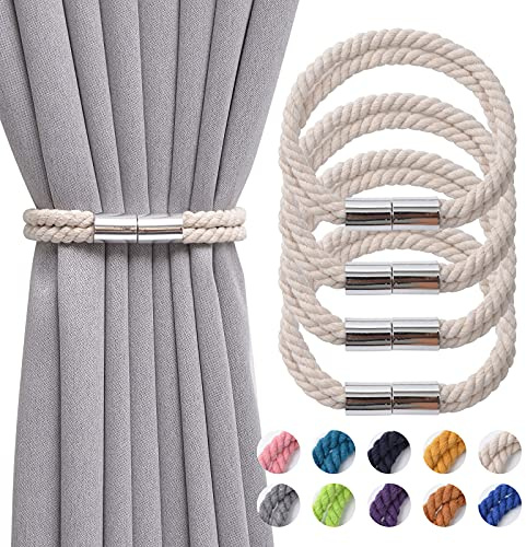 Pretty Jolly Starke magnetische Vorhang-Raffhalter, modern, schlichter Stil, Raffhalter, doppeltes Hanfseil, Beige, 4 Stück