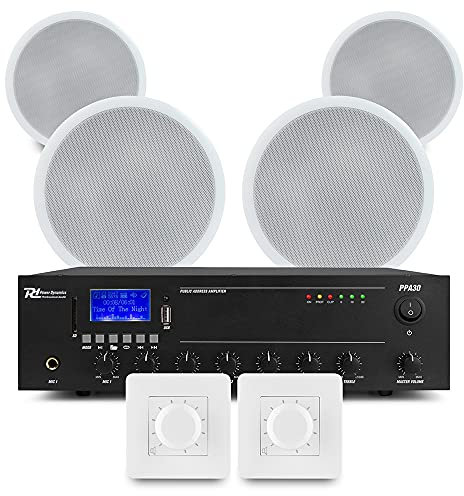 Power Dynamics Multi Zone Ceiling Speaker System Package – Bluetooth Amplifier, 4x 5 Ceiling Speakers & 2-Zone Volume Control for Background Music in Commercial Installations, 30W CSPB5