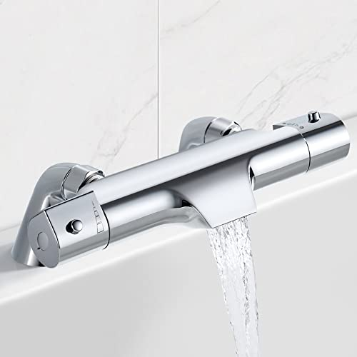 Solepearl Grifo de Ducha Termostático Salida de Cascada, 38 ℃ Termostato de Ducha para Bañera, con el Botón de Seguridad Grifo Ducha Mezclador Termostático Ducha Cromado de Latón, Montado en el Baño