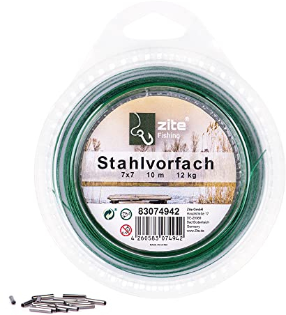 Zite Fishing Stahlvorfächer Angeln Material – Hochwertiges 7x7 Edelstahl Raubfisch-Vorfach 6-12kg Selber Bauen - 10m Spule inklusive 20 Klemmhülsen (6 kg)