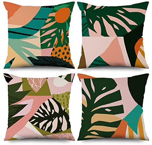 ASDCXZ Vår örngott 40 x 40 cm set om 4, abstrakta gröna blad sol rosa soffa dekorativa kuddar prydnad örngott tvättbar polyester lin textil utomhus stoppning örngott