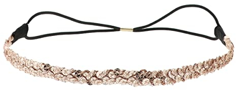 Rosa gold Sequin Damen Haarband - Dünnes elastisches Hairband Einheitsgröße - Headband für die Hochzeitsfrisur oder Strass Pailletten Party - Glänzendes Stirnband Look Boho Hippie