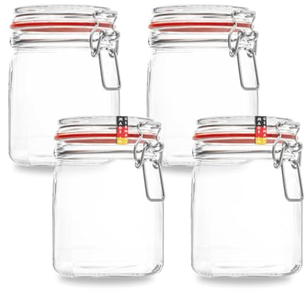 Flaschenbauer - 4-teiliges Set Drahtbügel-Vorratsgläser 900ml, geeignet als Einmach- und Fermentierglas, zur Aufbewahrung, zum Befüllen, inklusive Etiketten, Gläser mit Drahtbügel, Rote Dichtungsringe