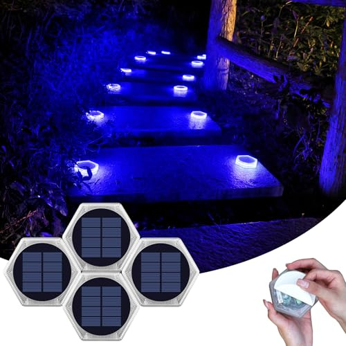YiLaie Lampe Solaire Exterieur Jardin Bleu, 20 LEDs 10cm Lumière de Sol Plate Adhésive, IP68 Étanche Carrossable Eclairage Sans Pic pour Nez de Marche, Escalier, Trottoir, Allee, Chemin (4 Packs)